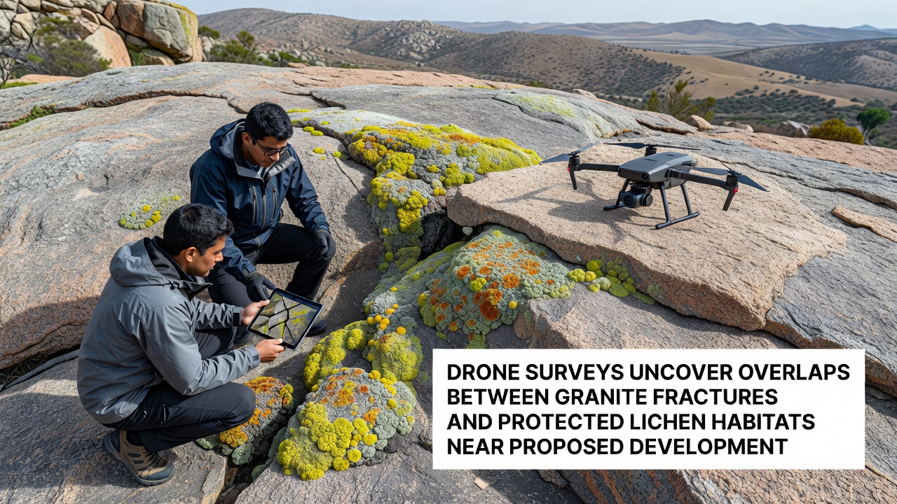 Close-up drone imagery highlighting protected lichen growth within granite fracture zones identified during the survey
