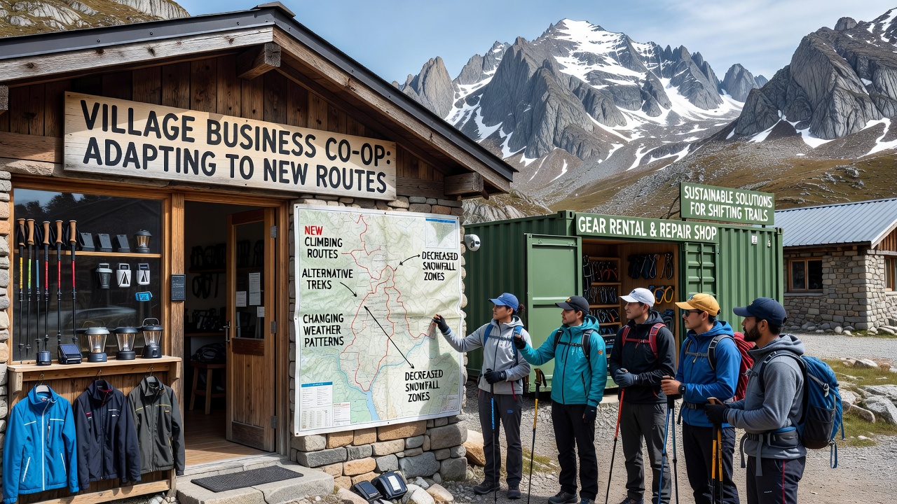 Local shop owners and guides reviewing updated route maps and equipment inventories in preparation for seasonal changes